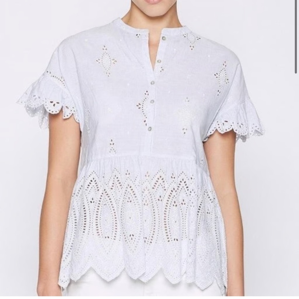 Joie Cerelia Striped Broderie Anglaise Trimmed Cotton Top Peplum